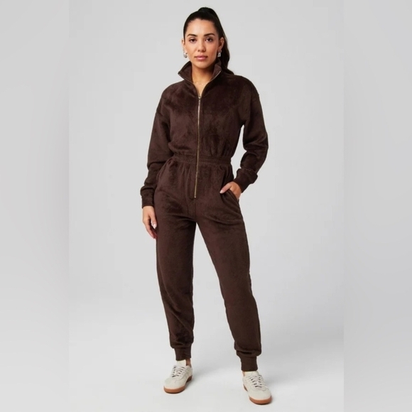 Fabletics Brown Fleece Jumpsuit with Mock Neck and Jogger Fit Large - Picture 1 of 2
